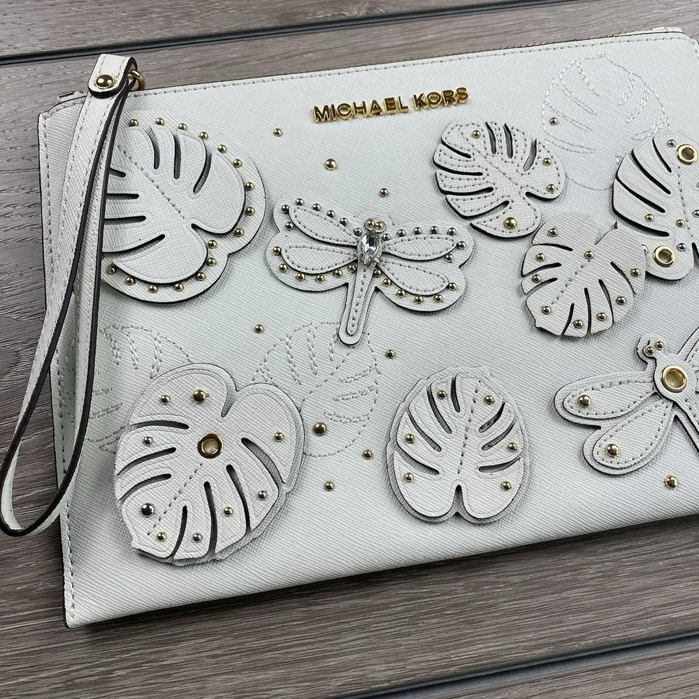 Michael Kors Jet Set Wristlet Clutch Dragonfly Monstera Leaf White 9.5"x6.5" - Picture 2 of 7
